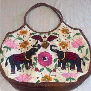 KAGE Embroidered Elephant Design Women's Bag 12x18 EUC leather on sides